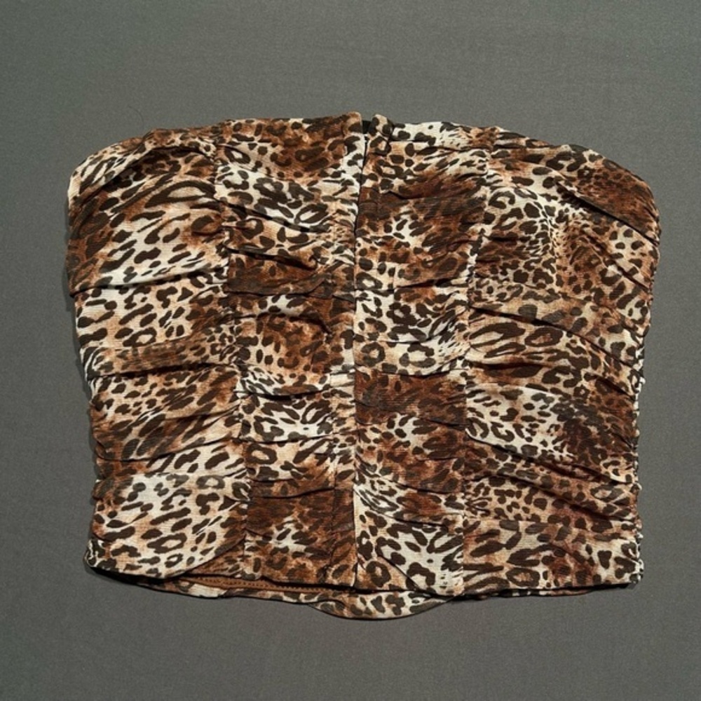 Forever 21 Brown and Cream Leopard Print Strapless Ruching Tube Top